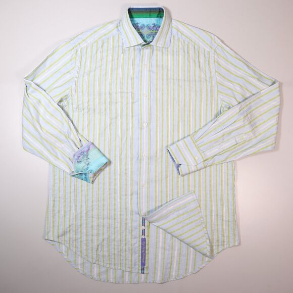 Robert Graham Shirt Long Sleeve Stripe Blue Flip Cuff Mens Large - Picture 2 of 11